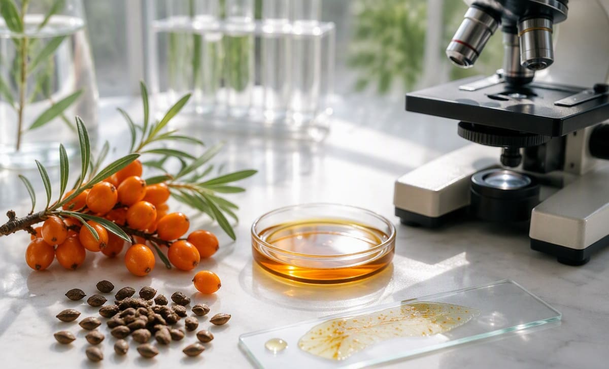 Sea buckthorn berries, seeds, and oil arranged beside a microscope slide