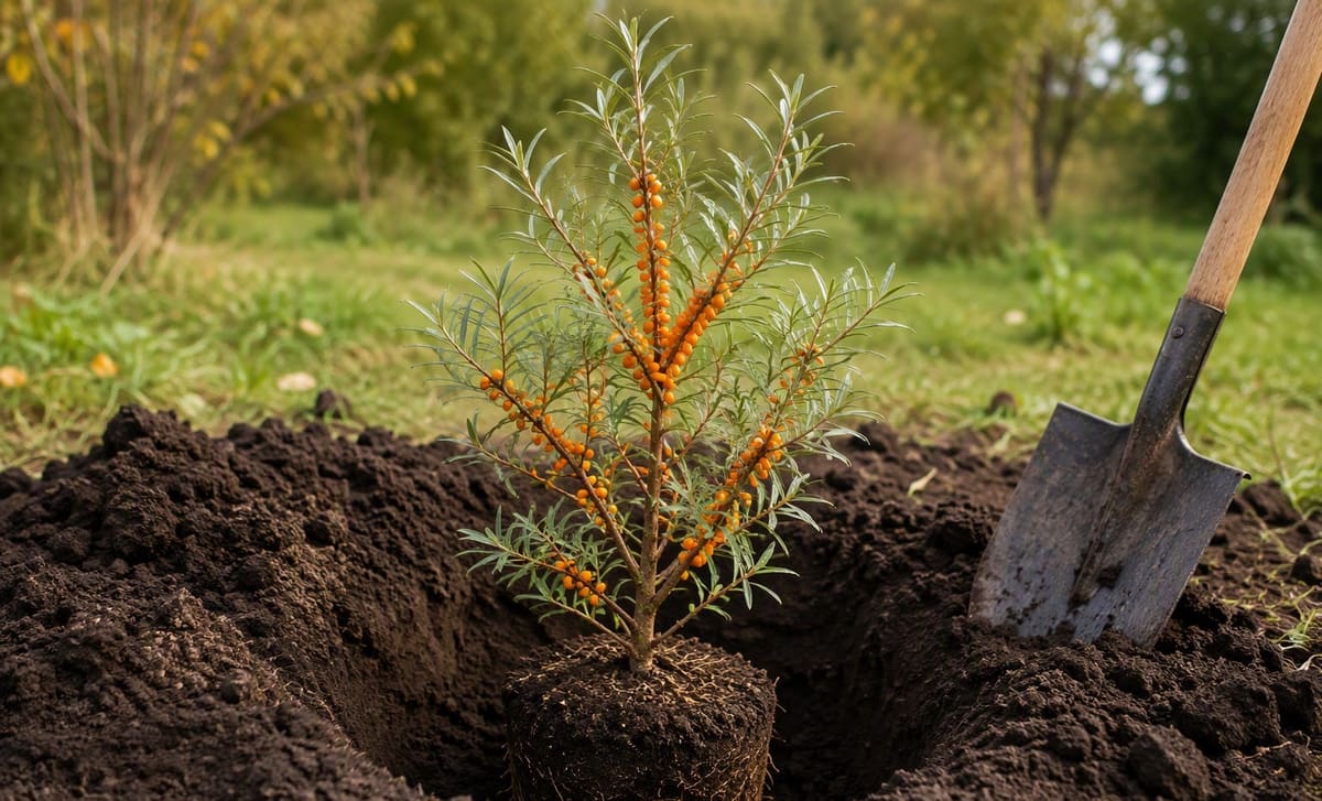 A young sea buckthorn shrub in a freshly dug hole with a shovel beside
