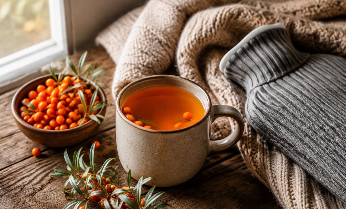 A warm mug of sea buckthorn tea with fresh berries and a soft blanket