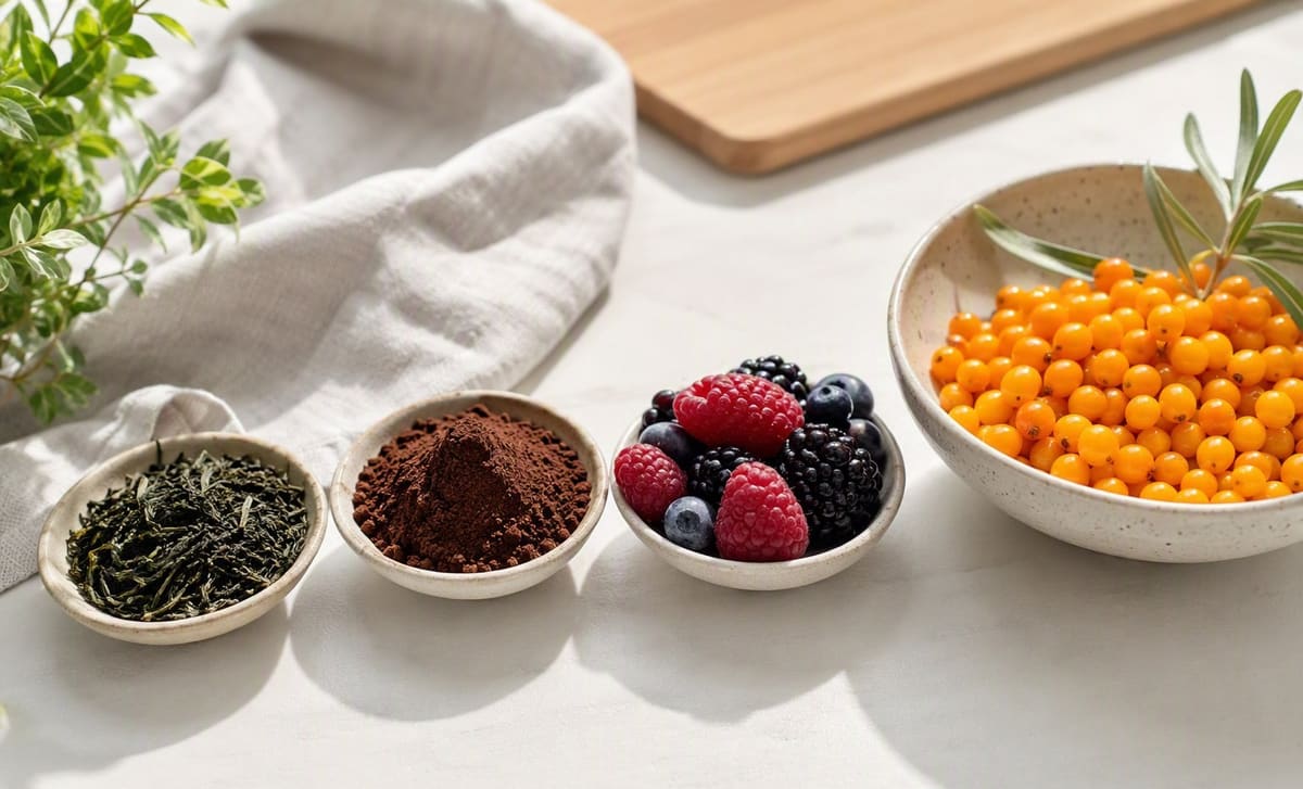 Small dishes of tea leaves, cocoa, and berries beside a bowl of sea buckthorn berries