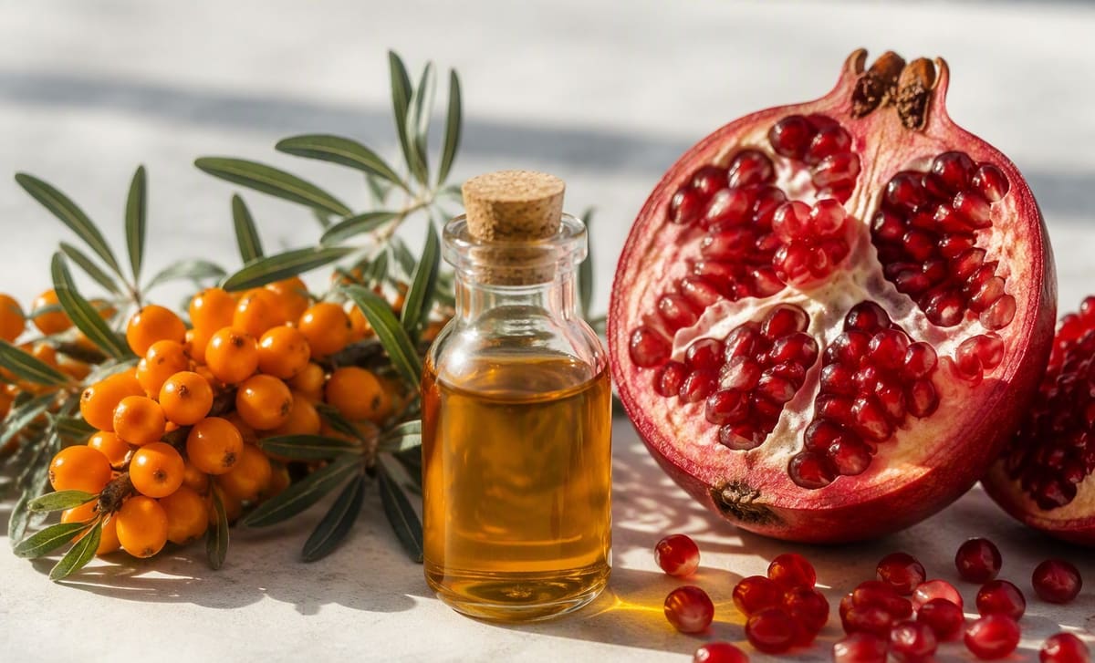 Sea buckthorn berries beside a halved pomegranate and a small oil bottle