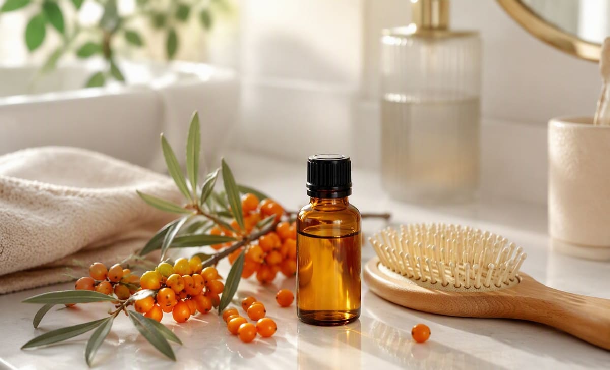 A bottle of sea buckthorn oil with a soft hairbrush and fresh berries
