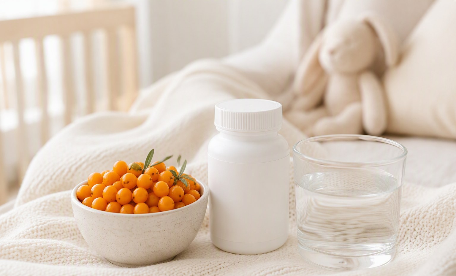 Sea buckthorn berries, water, and an unbranded supplement bottle on a soft blanket