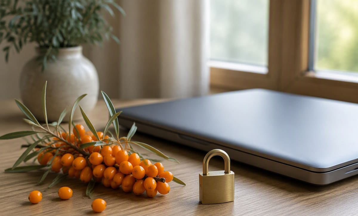 Sea buckthorn berries beside a closed laptop and a small brass padlock