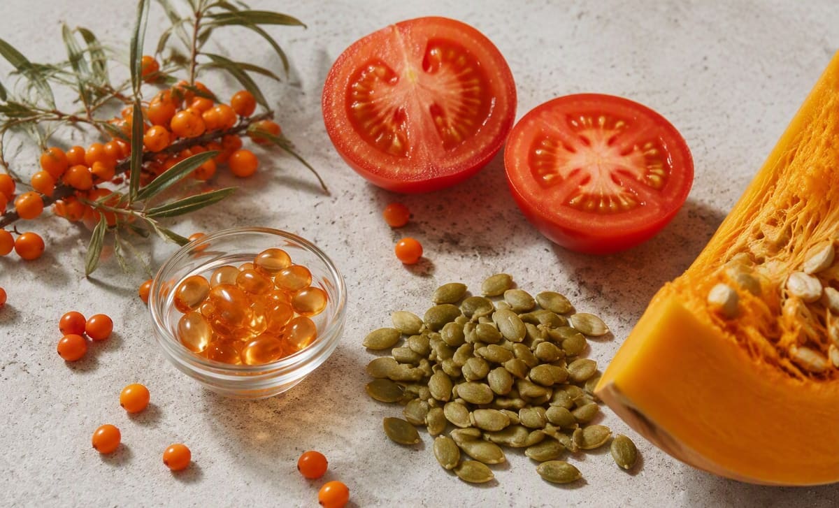 Sea buckthorn berries with tomato halves, pumpkin seeds, and oil capsules