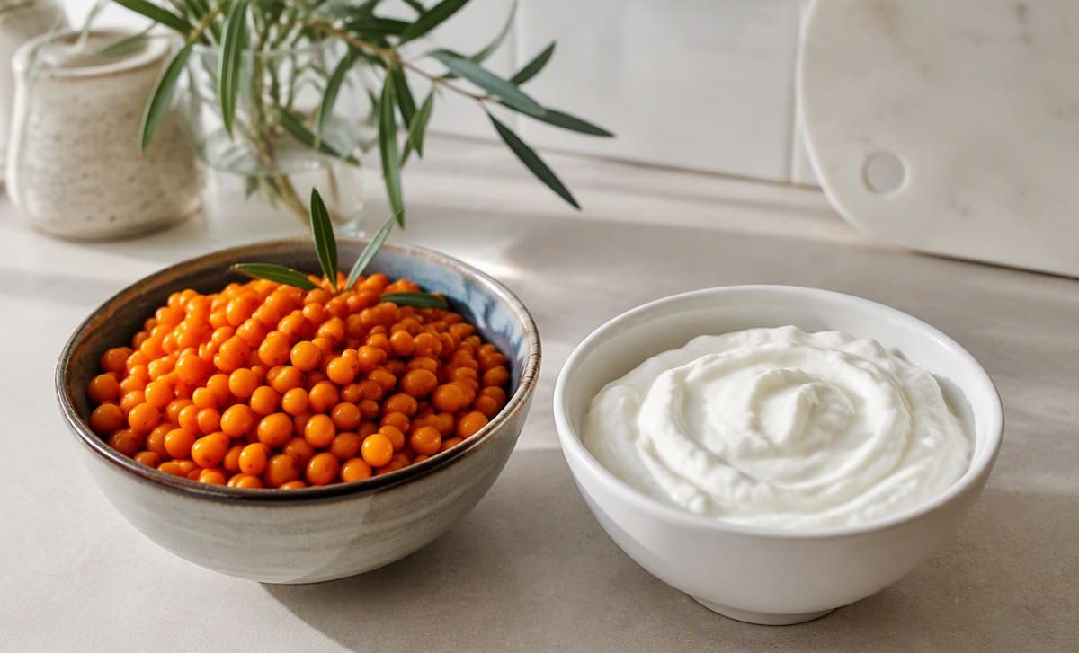 A bowl of sea buckthorn berries beside a bowl of plain Greek yogurt