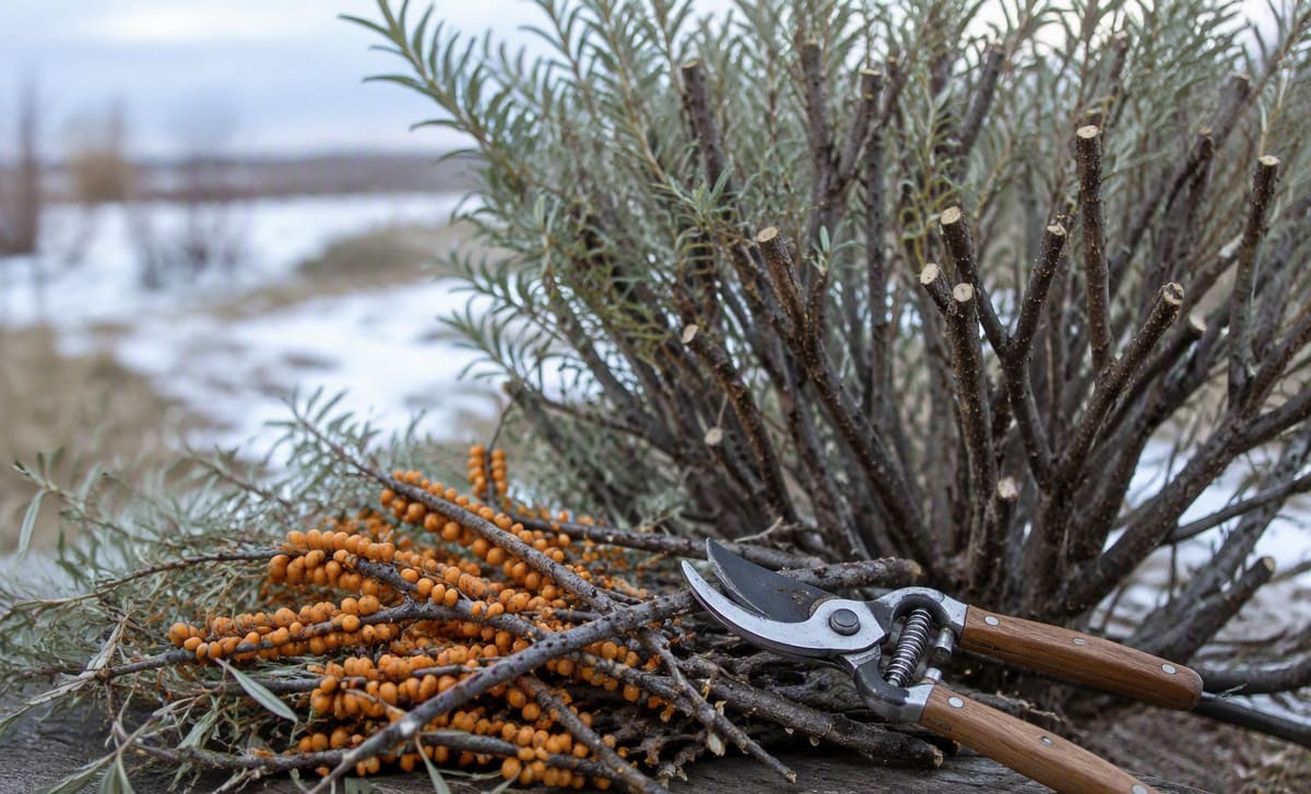 Pruning shears resting on freshly cut sea buckthorn branches