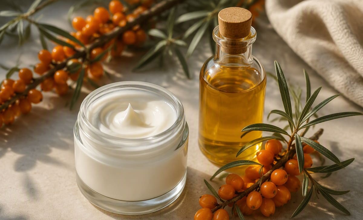 An open jar of white emollient cream beside a bottle of golden sea buckthorn oil and fresh berries