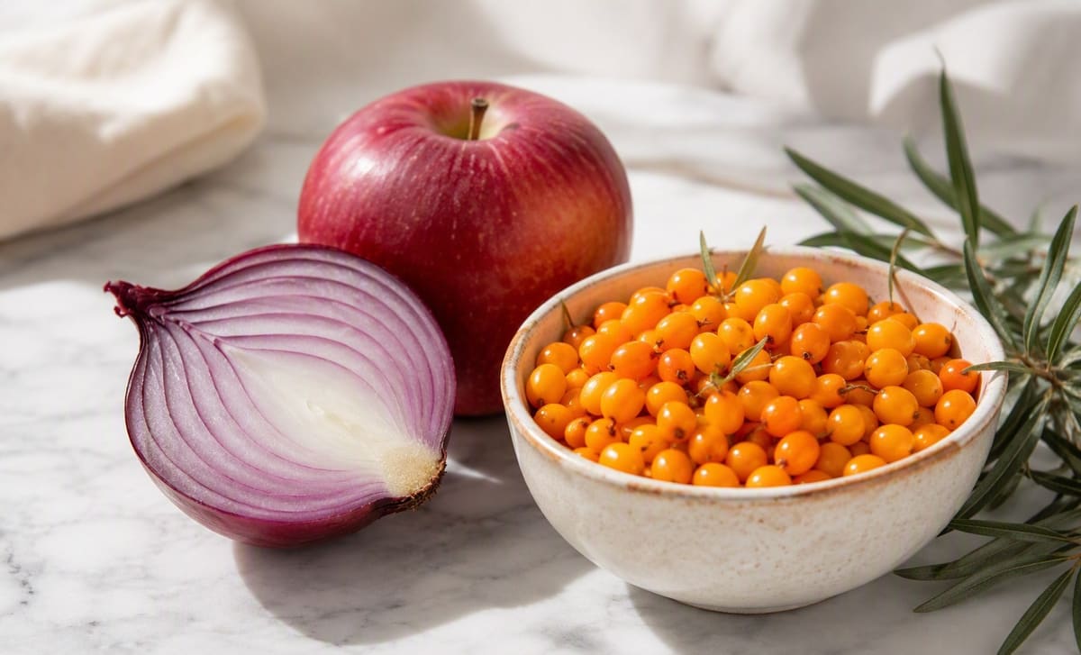 A halved red onion and a red apple beside a bowl of sea buckthorn berries