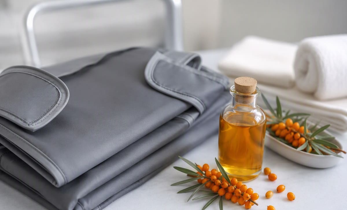 A folded grey medical apron beside a small bottle of golden sea buckthorn oil and fresh berries