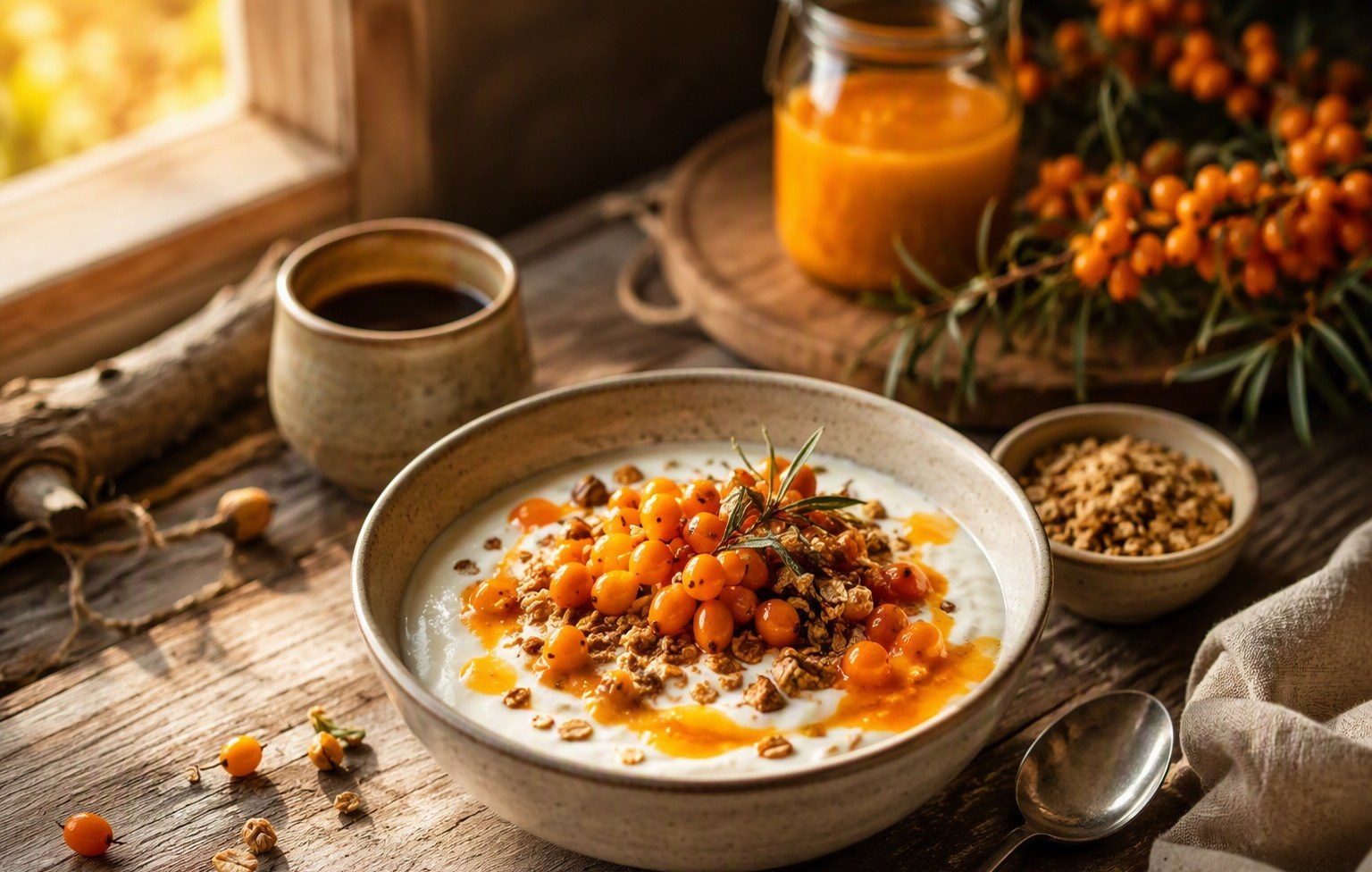 A yogurt bowl topped with sea buckthorn berries and bright orange syrup