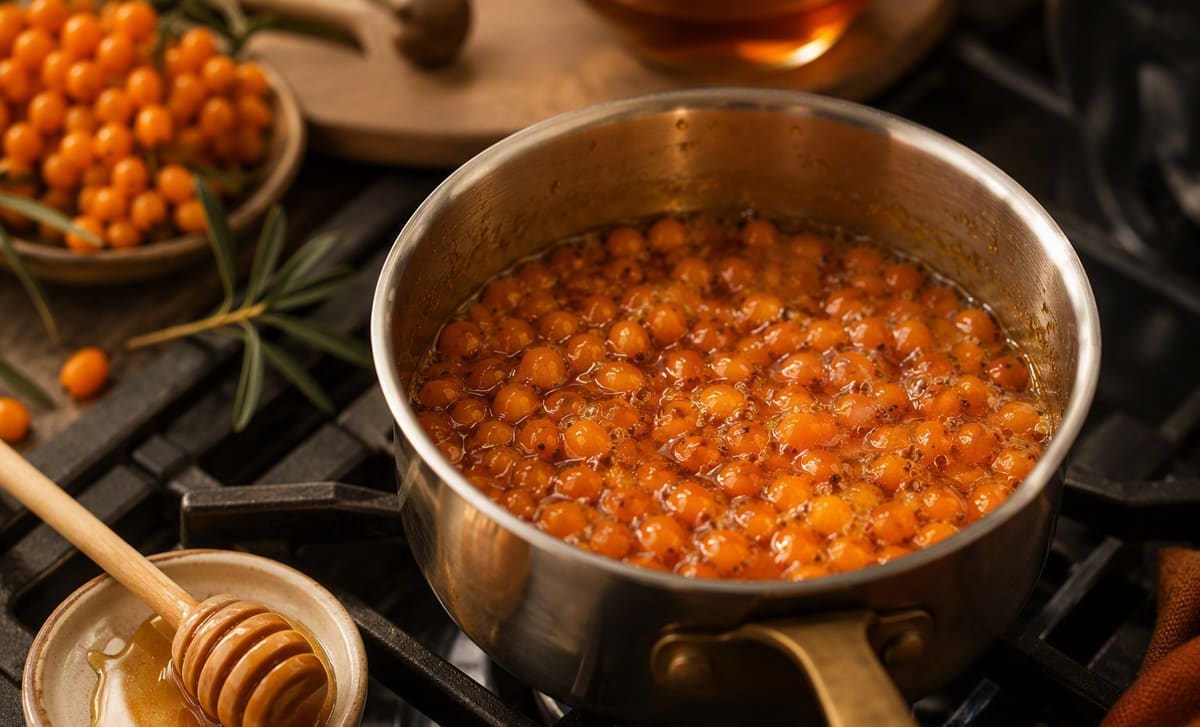 Sea buckthorn berries simmering with honey in a small saucepan