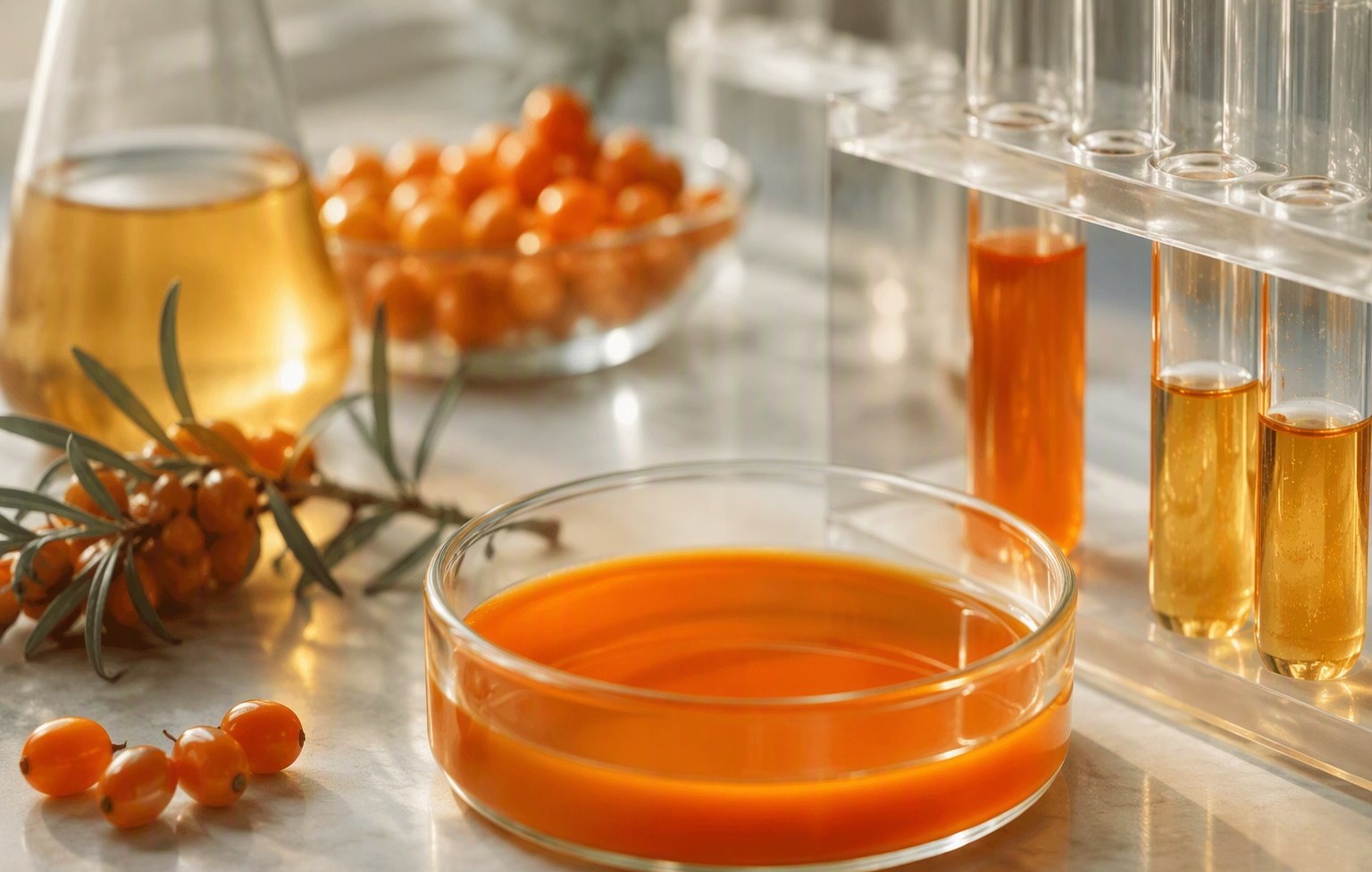 Test tubes and a petri dish with bright orange sea buckthorn oil samples in a laboratory