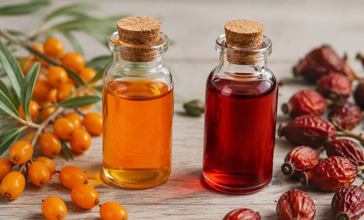 Sea buckthorn oil and rosehip oil in two vials with their berries side by side