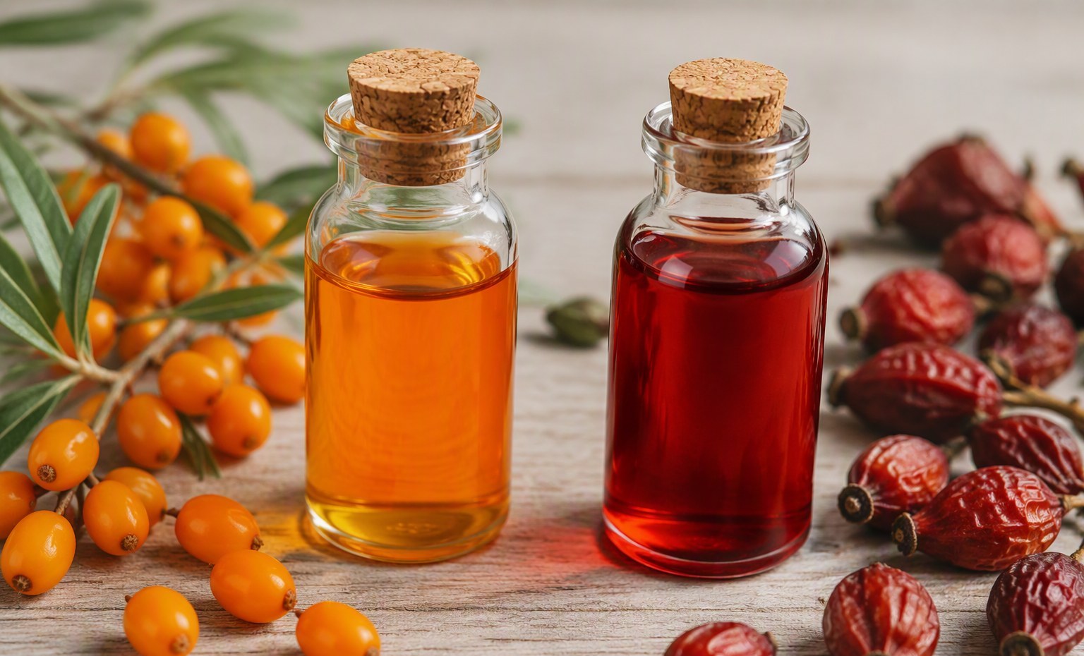 Sea buckthorn oil and rosehip oil in two vials with their berries side by side