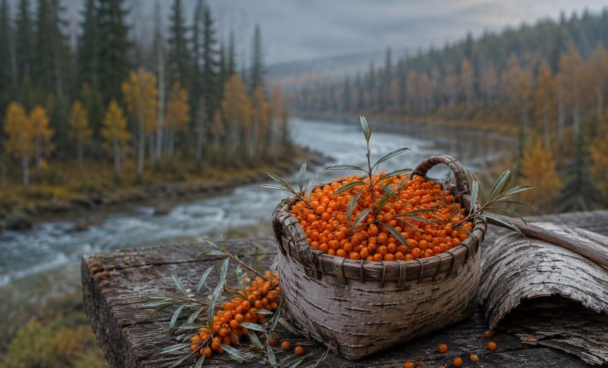 Sea buckthorn berries in a birch bark basket with a Siberian forest and river behind