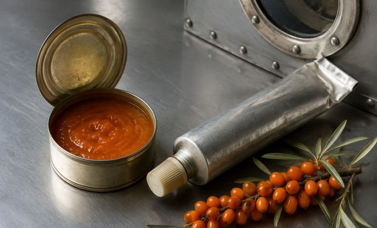 A retro tin of sea buckthorn puree beside a vintage space food tube and fresh berries