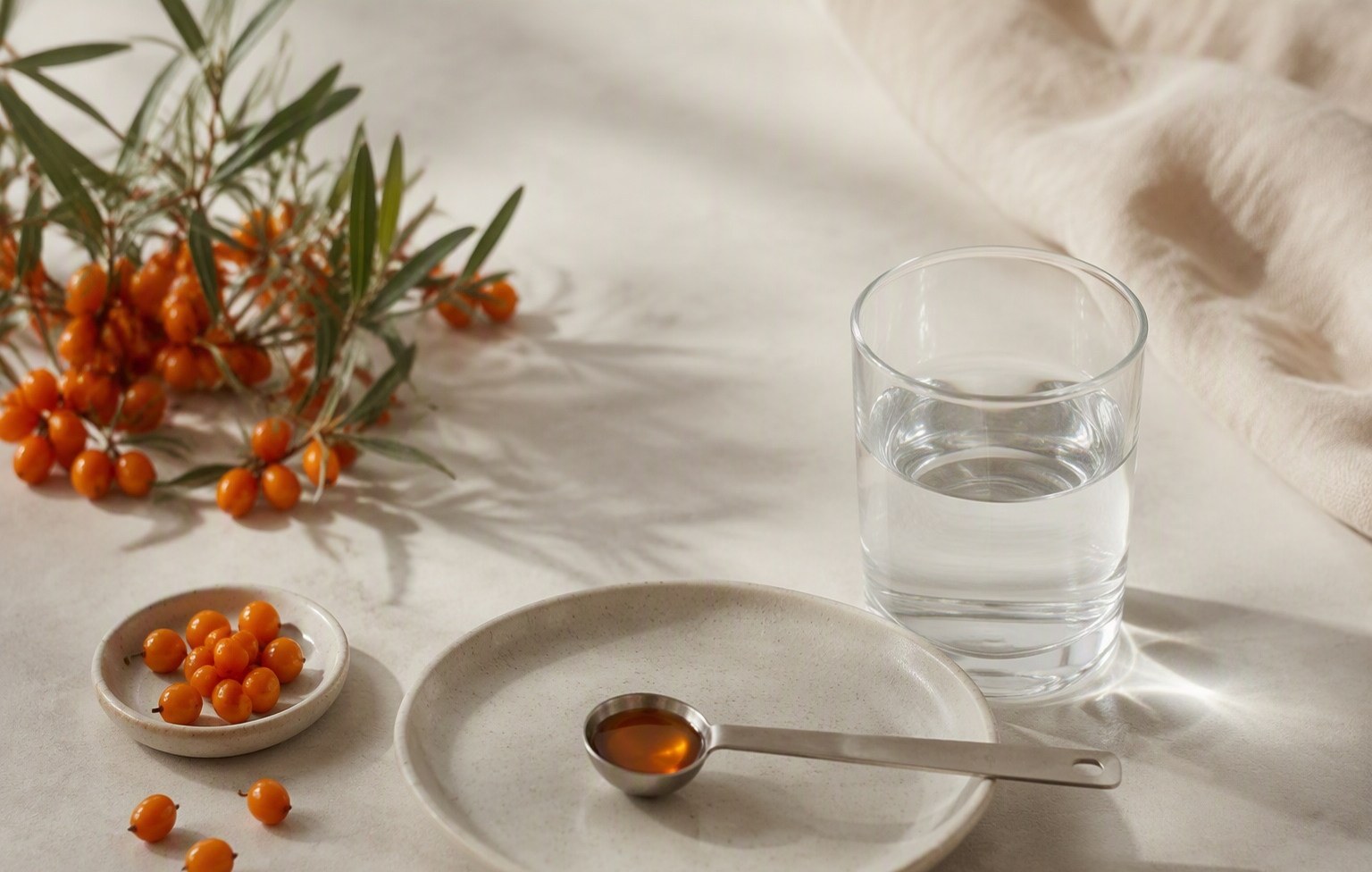 A measured teaspoon of orange sea buckthorn oil beside a glass of water