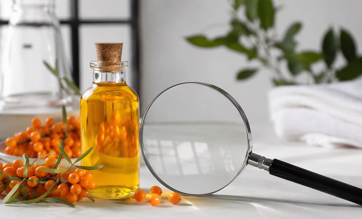 A magnifying glass beside a bottle of golden sea buckthorn oil and fresh berries on a bright desk