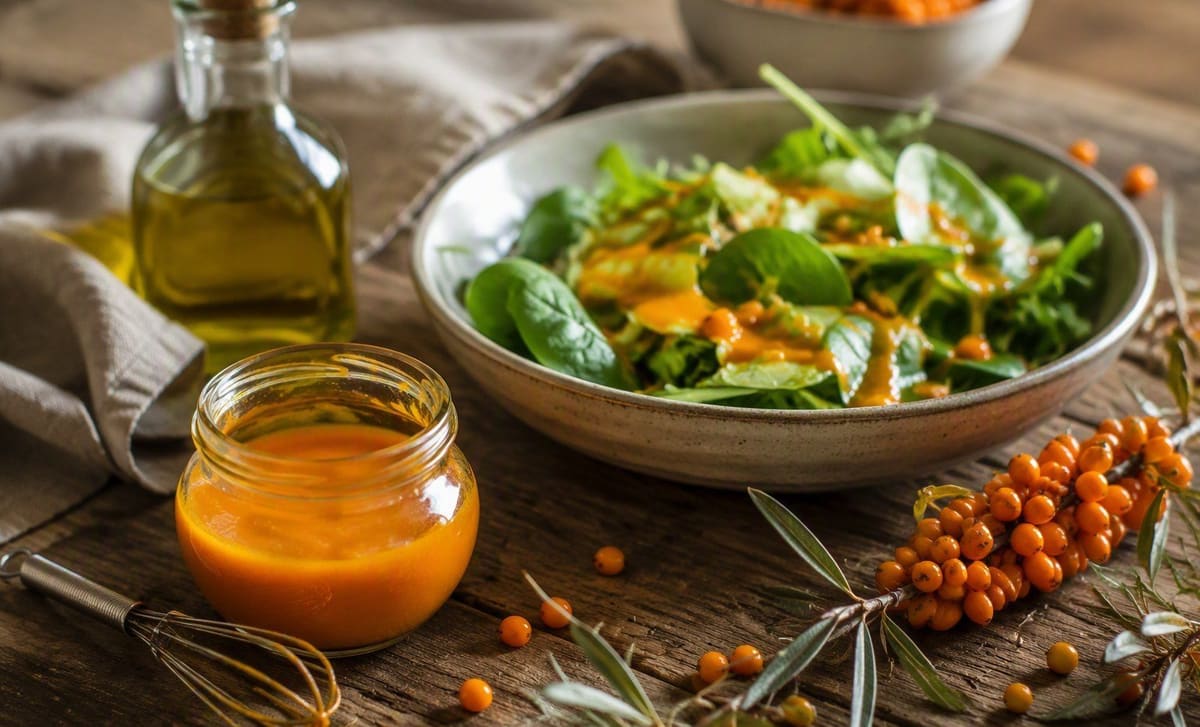 A jar of bright orange sea buckthorn vinaigrette beside a dressed green salad