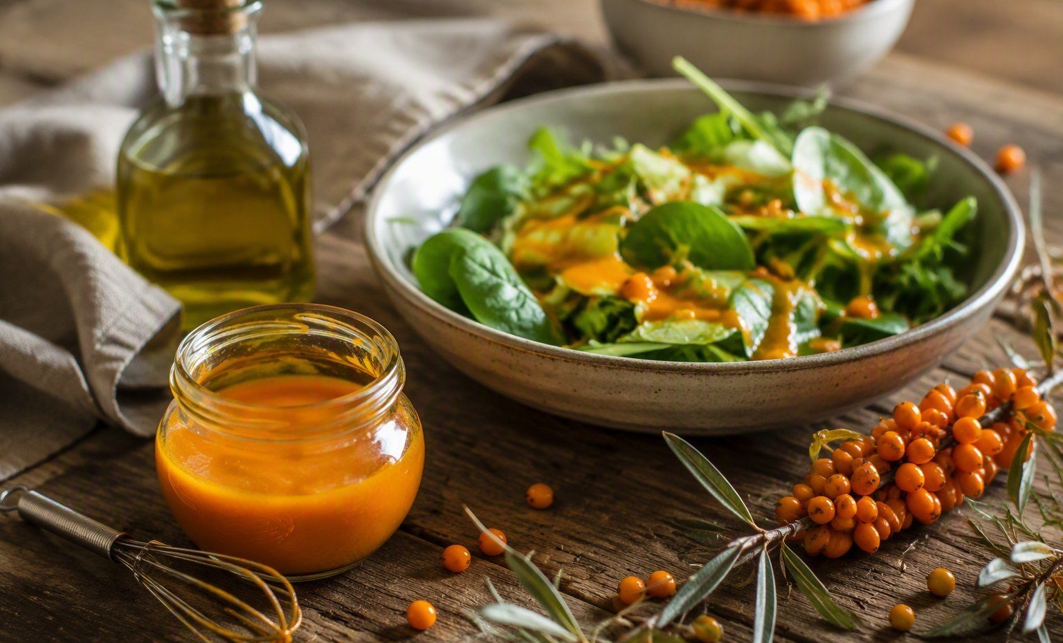 A jar of bright orange sea buckthorn vinaigrette beside a dressed green salad