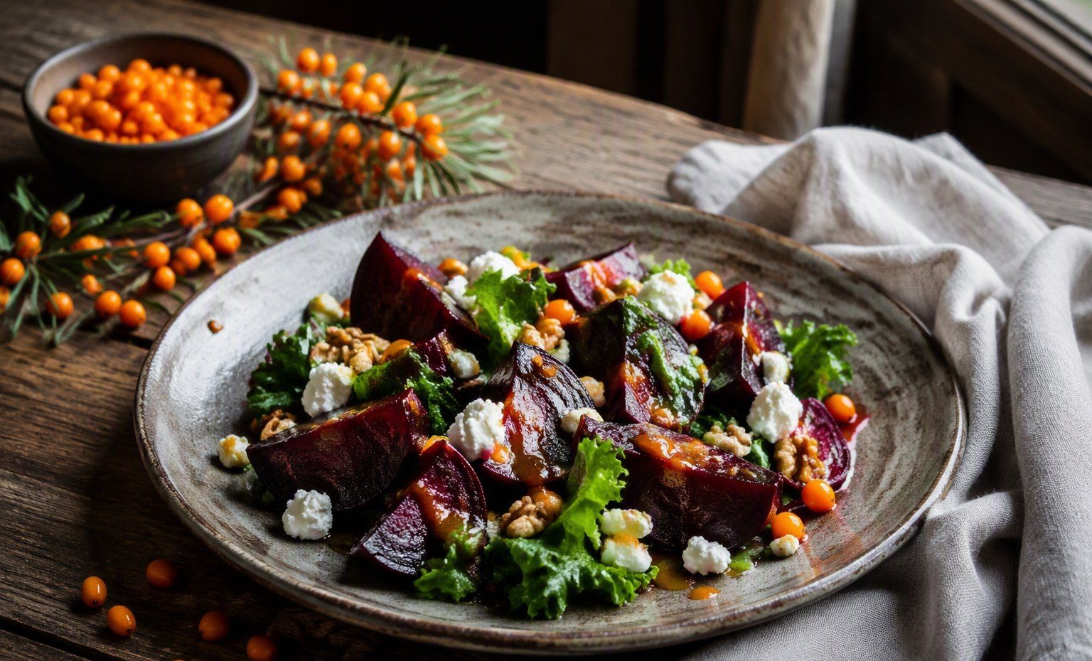 A beet and goat cheese salad with walnuts, drizzled with orange sea buckthorn vinaigrette