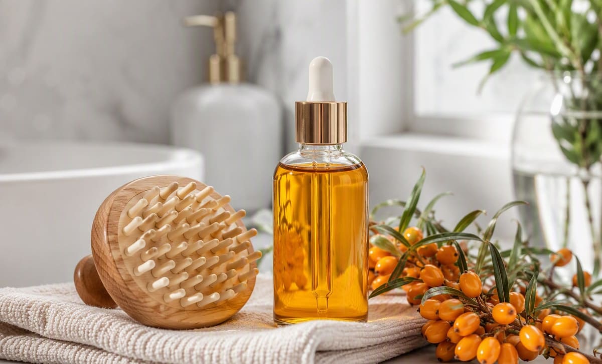 A wooden scalp-massage brush beside a bottle of golden sea buckthorn oil and berries on a towel