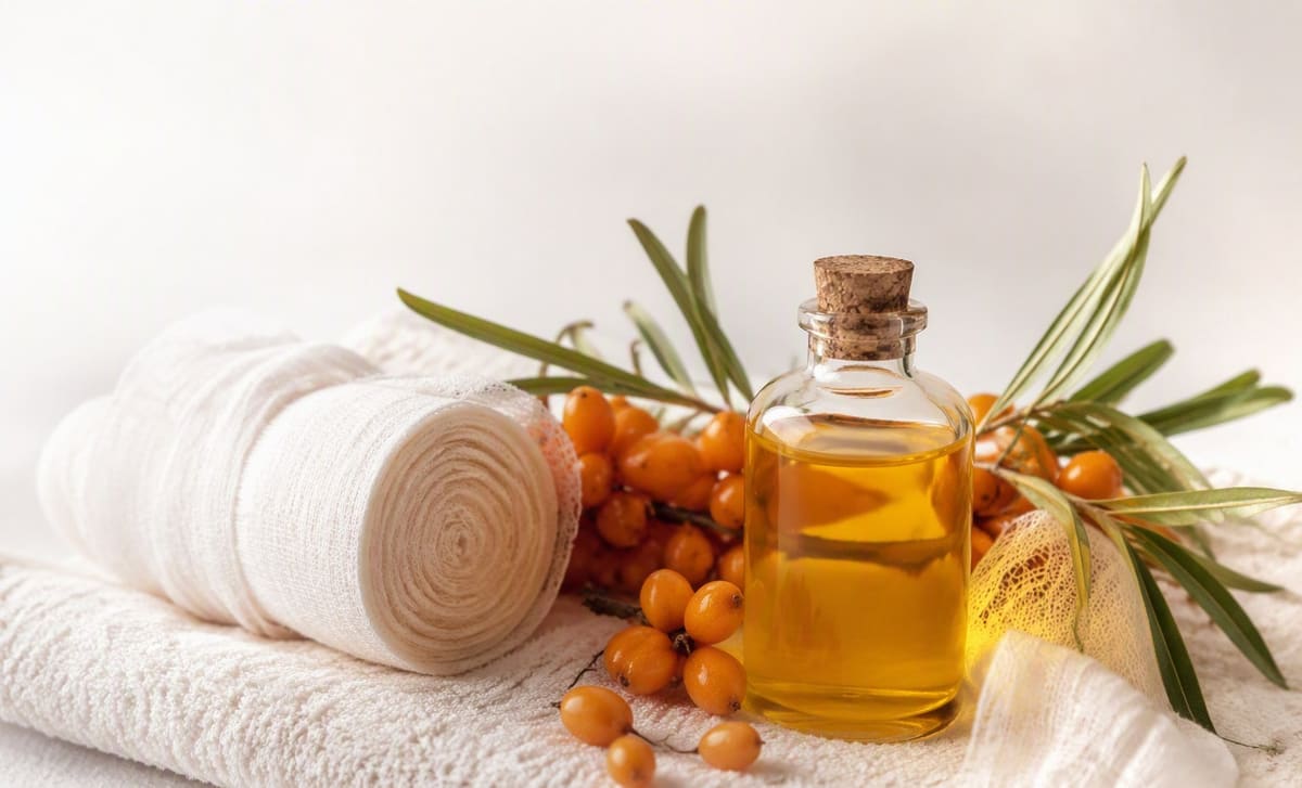 A corked bottle of golden sea buckthorn oil with a roll of gauze and fresh berries on a soft towel