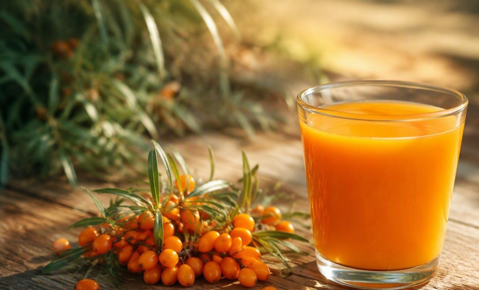 A glass of orange sea buckthorn juice with fresh berries on a sunlit wooden table