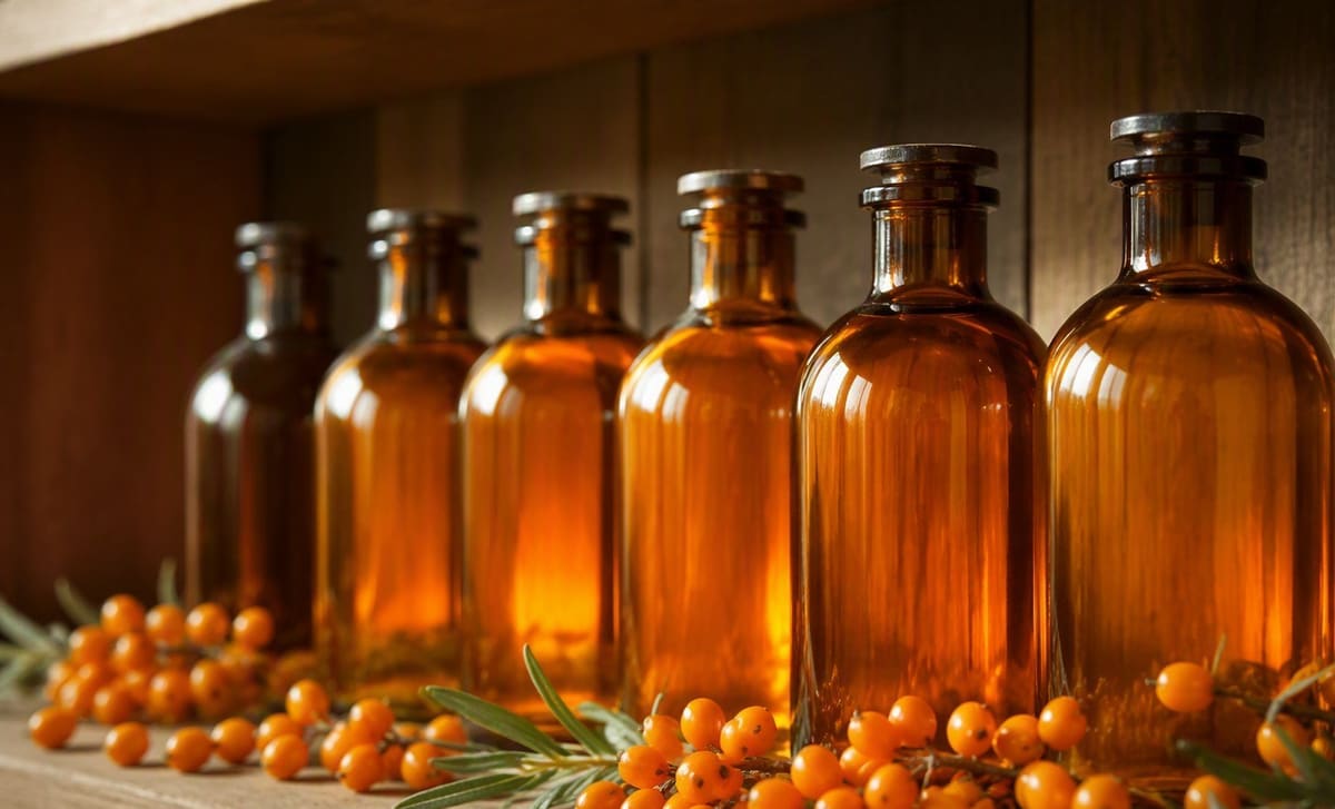 A row of plain amber bottles of sea buckthorn oil on a wooden shelf with fresh berries