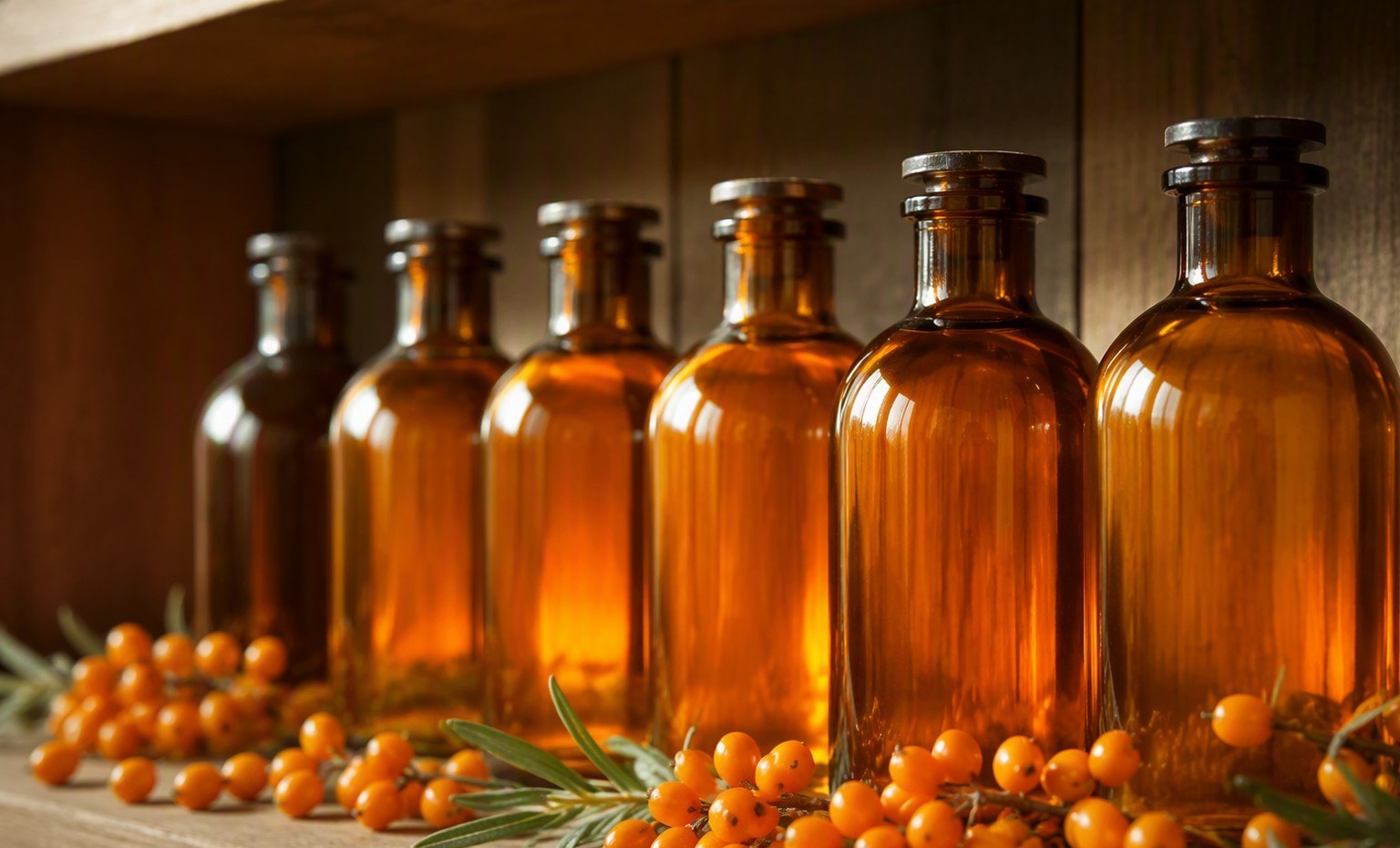 A row of plain amber bottles of sea buckthorn oil on a wooden shelf with fresh berries