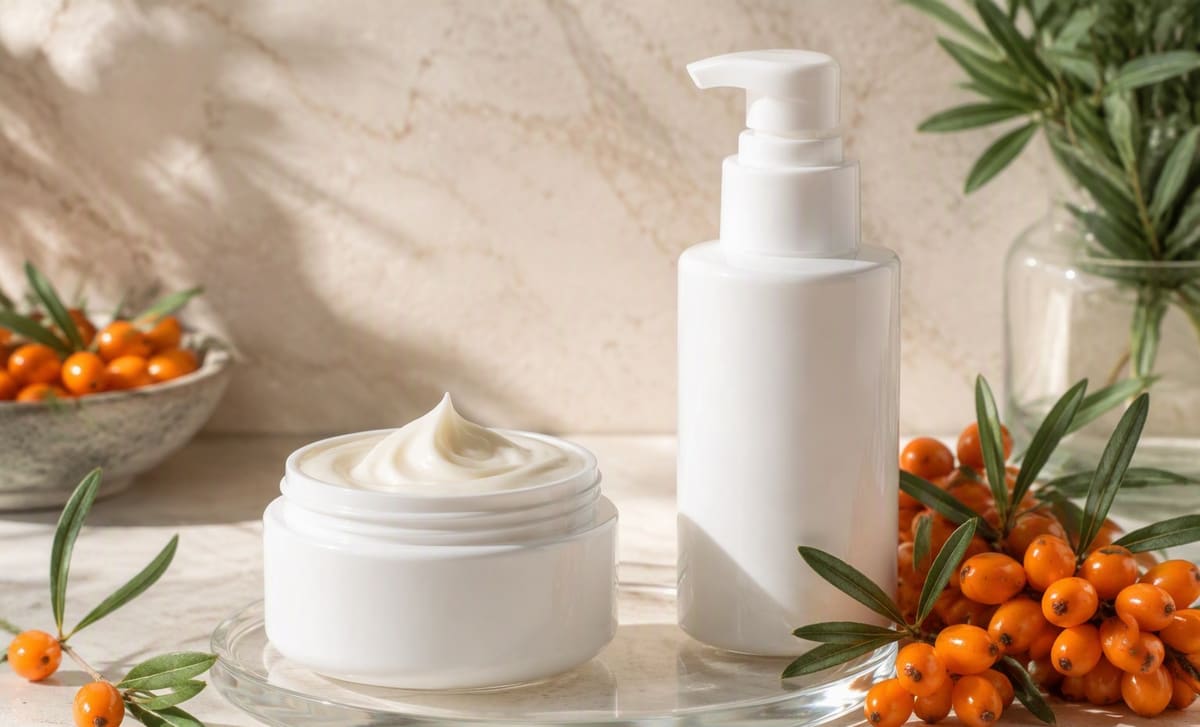 A white jar of sea buckthorn cream and a plain pump bottle beside fresh berries