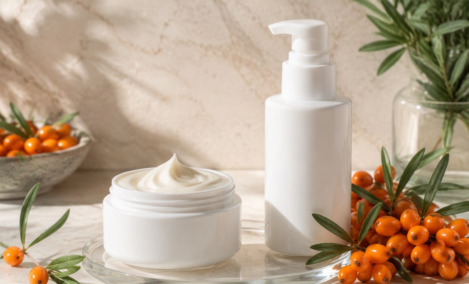 A white jar of sea buckthorn cream and a plain pump bottle beside fresh berries