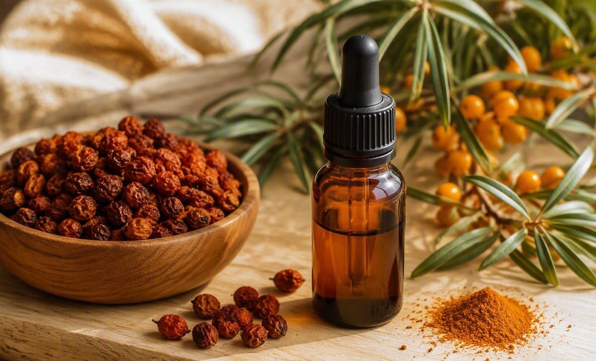 A small amber dropper bottle of sea buckthorn extract with dried berries and orange powder