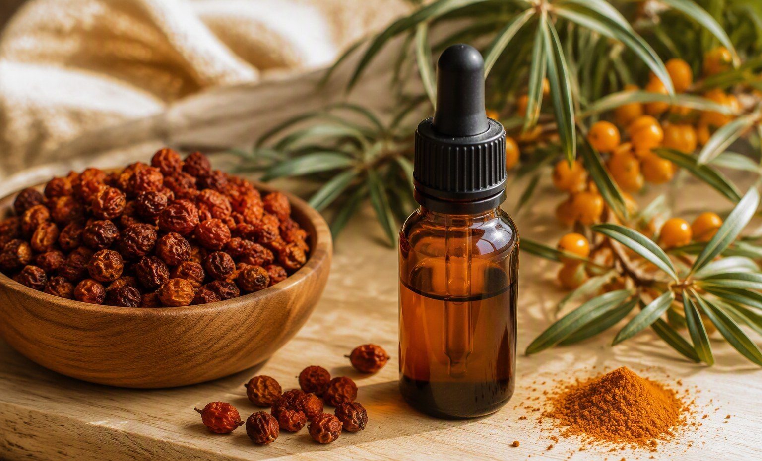 A small amber dropper bottle of sea buckthorn extract with dried berries and orange powder