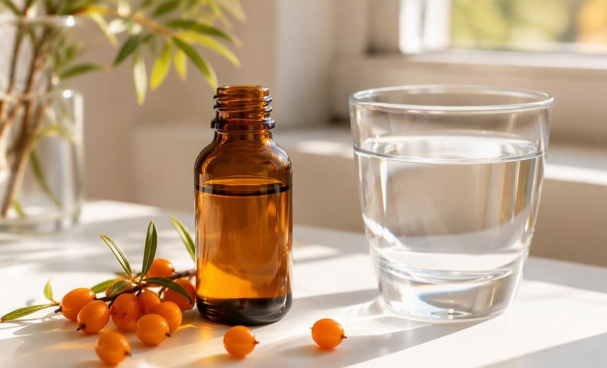 A bottle of sea buckthorn oil, fresh berries, and a glass of water on a white table by a window