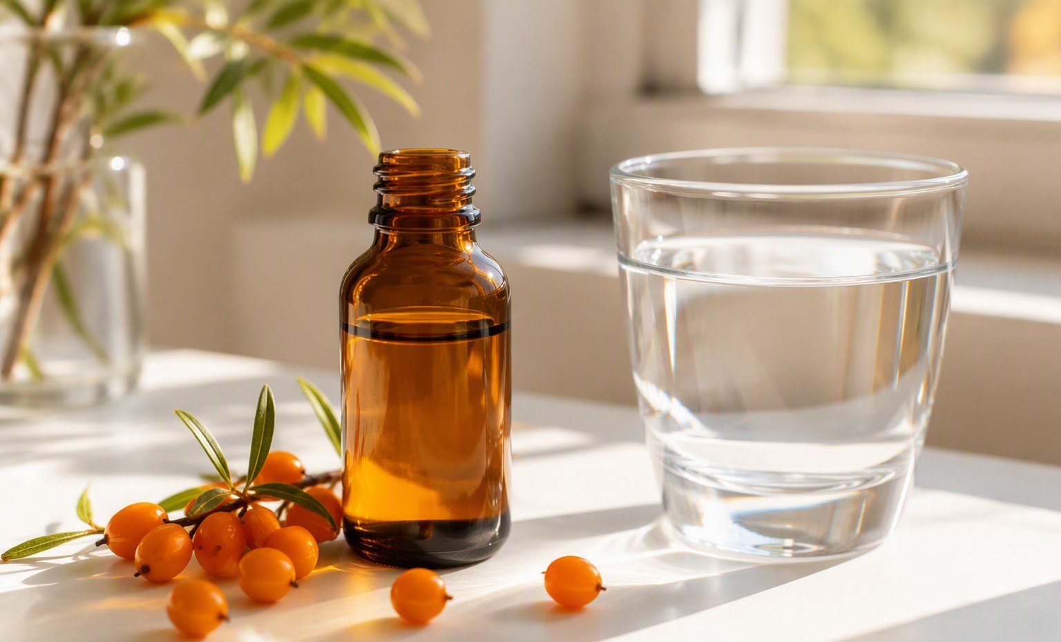 A bottle of sea buckthorn oil, fresh berries, and a glass of water on a white table by a window