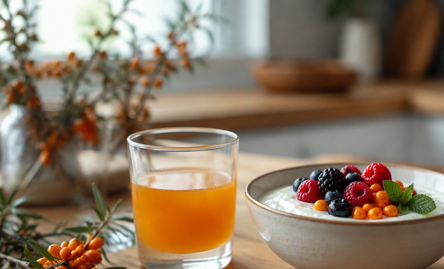 A glass of diluted sea buckthorn juice beside a yogurt bowl topped with bright berries