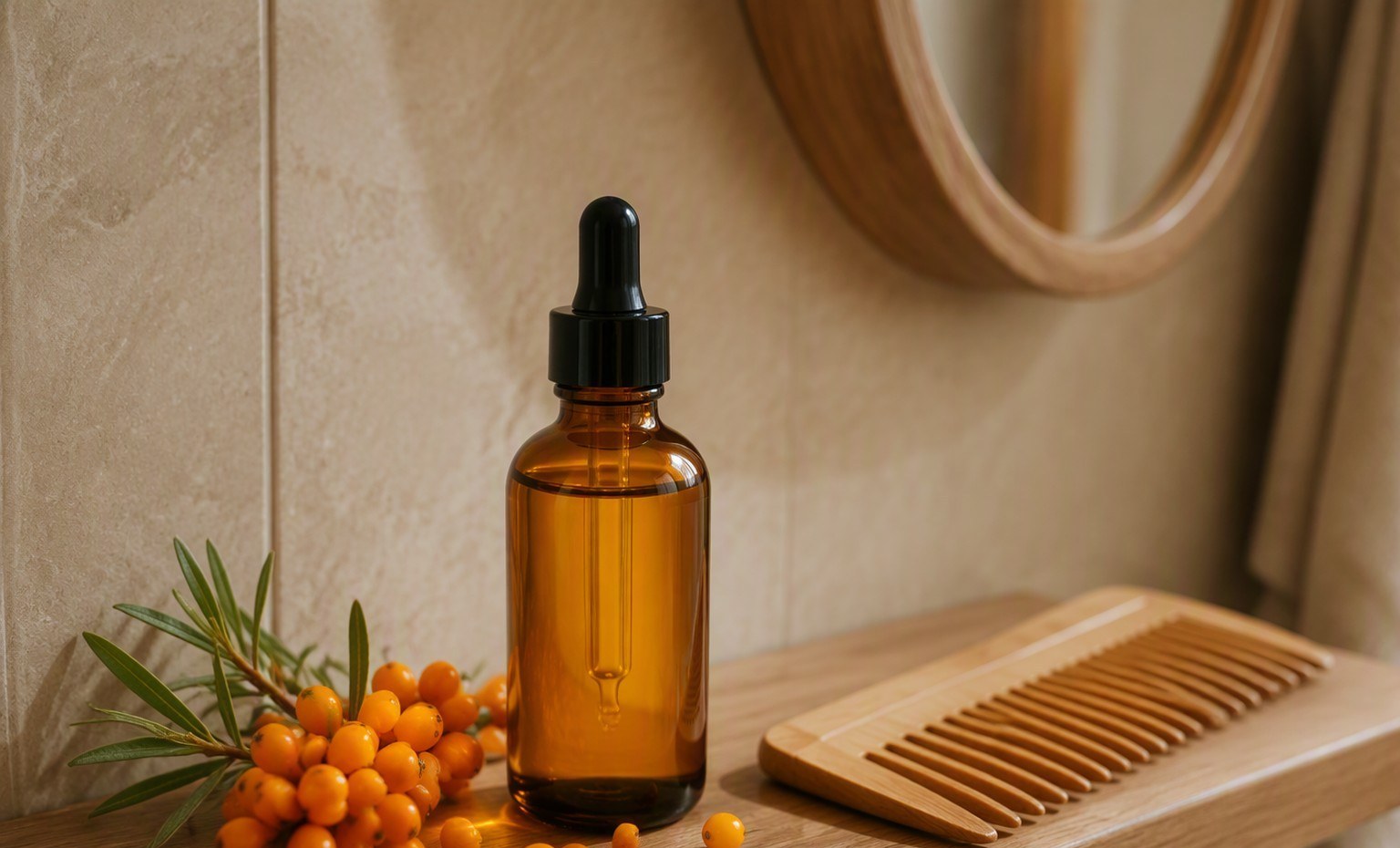 An amber bottle of sea buckthorn hair oil with a wooden comb and fresh berries on a shelf