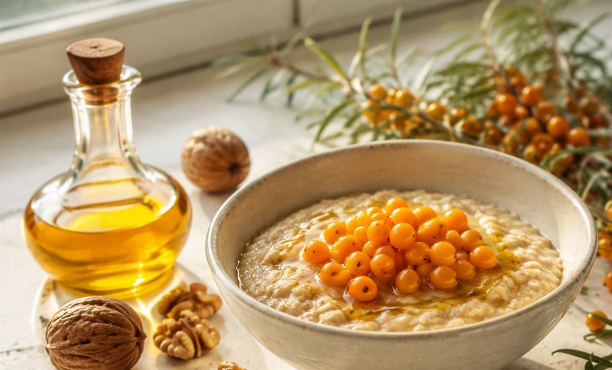 A bowl of oatmeal topped with orange sea buckthorn berries beside a small bottle of oil