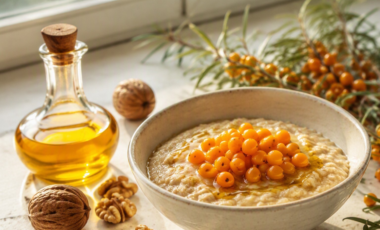 A bowl of oatmeal topped with orange sea buckthorn berries beside a small bottle of oil