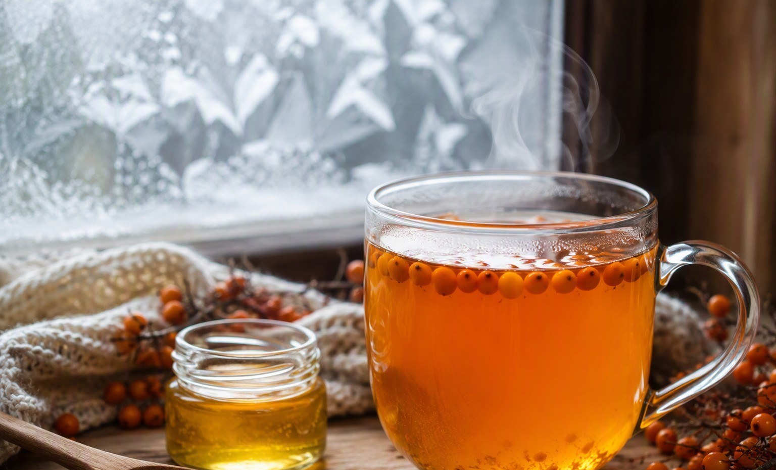 A steaming mug of sea buckthorn tea with honey and bright berries by a frosted window