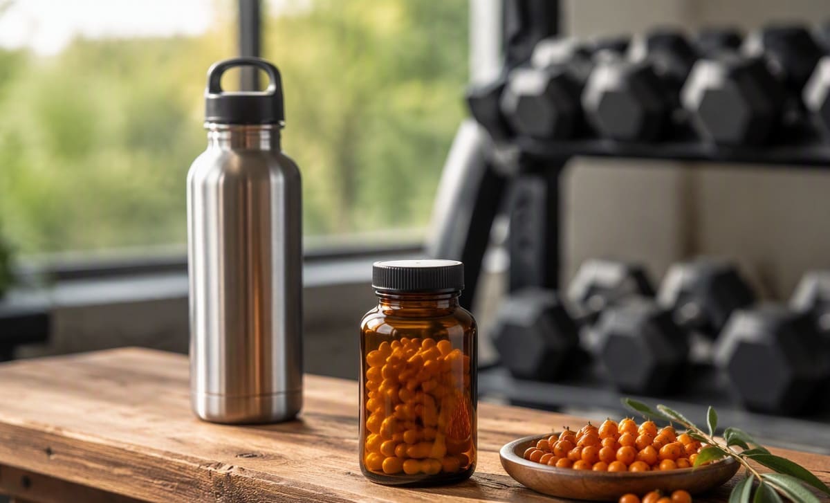 A bottle of sea buckthorn capsules, a water bottle, and berries on a wooden gym bench