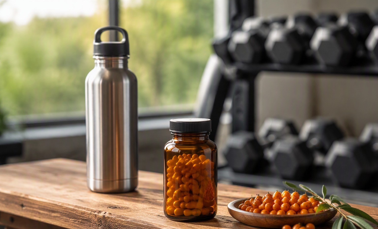 A bottle of sea buckthorn capsules, a water bottle, and berries on a wooden gym bench