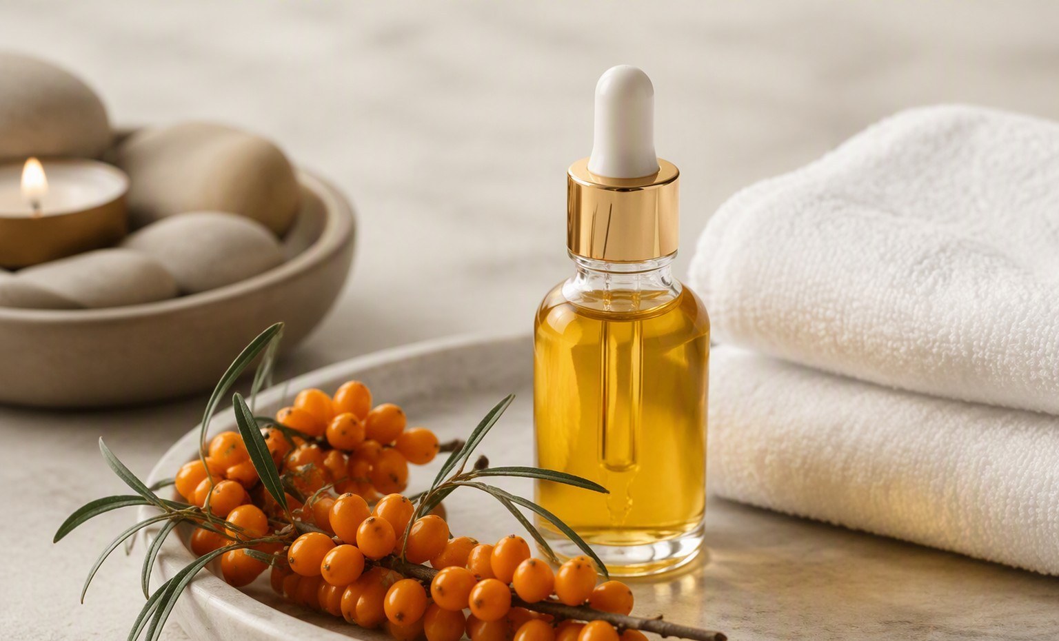 A dropper bottle of golden sea buckthorn oil with folded white towels and a sprig of berries