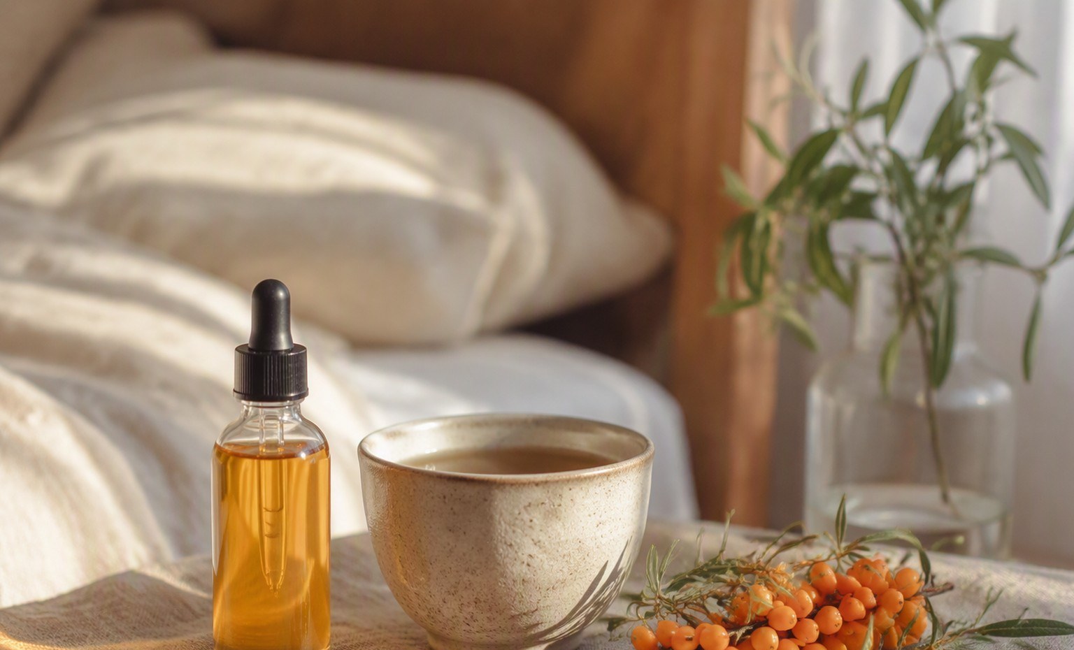 A bottle of sea buckthorn oil, herbal tea, and fresh berries on a bedside table with soft linen