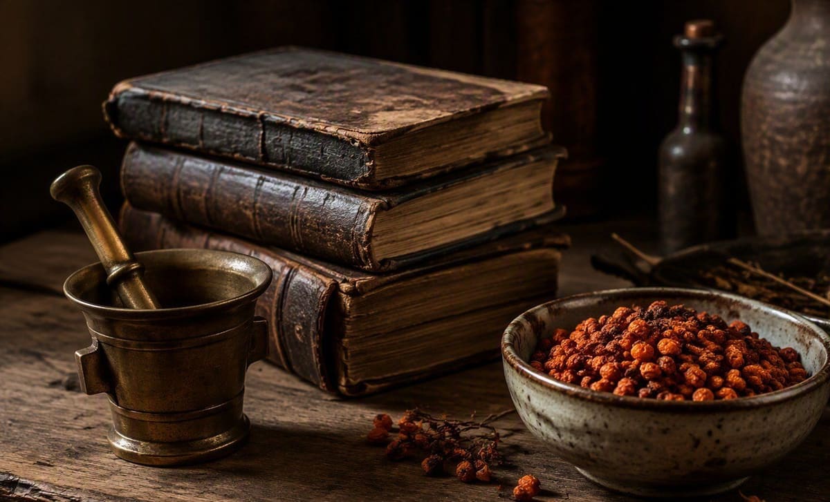 An old wooden desk with antique books, a brass mortar, and a bowl of dried sea buckthorn berries