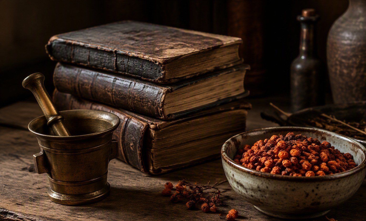 An old wooden desk with antique books, a brass mortar, and a bowl of dried sea buckthorn berries