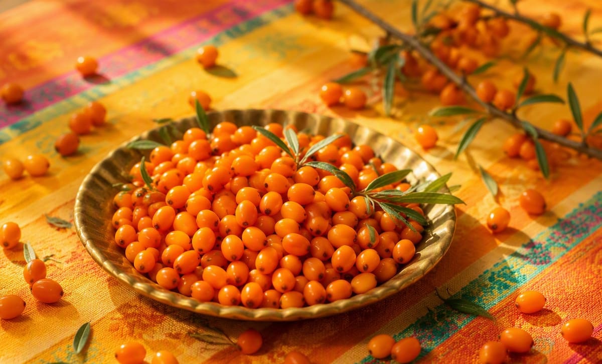 Sea buckthorn berries on a brass thali plate on a bright Indian kitchen cloth