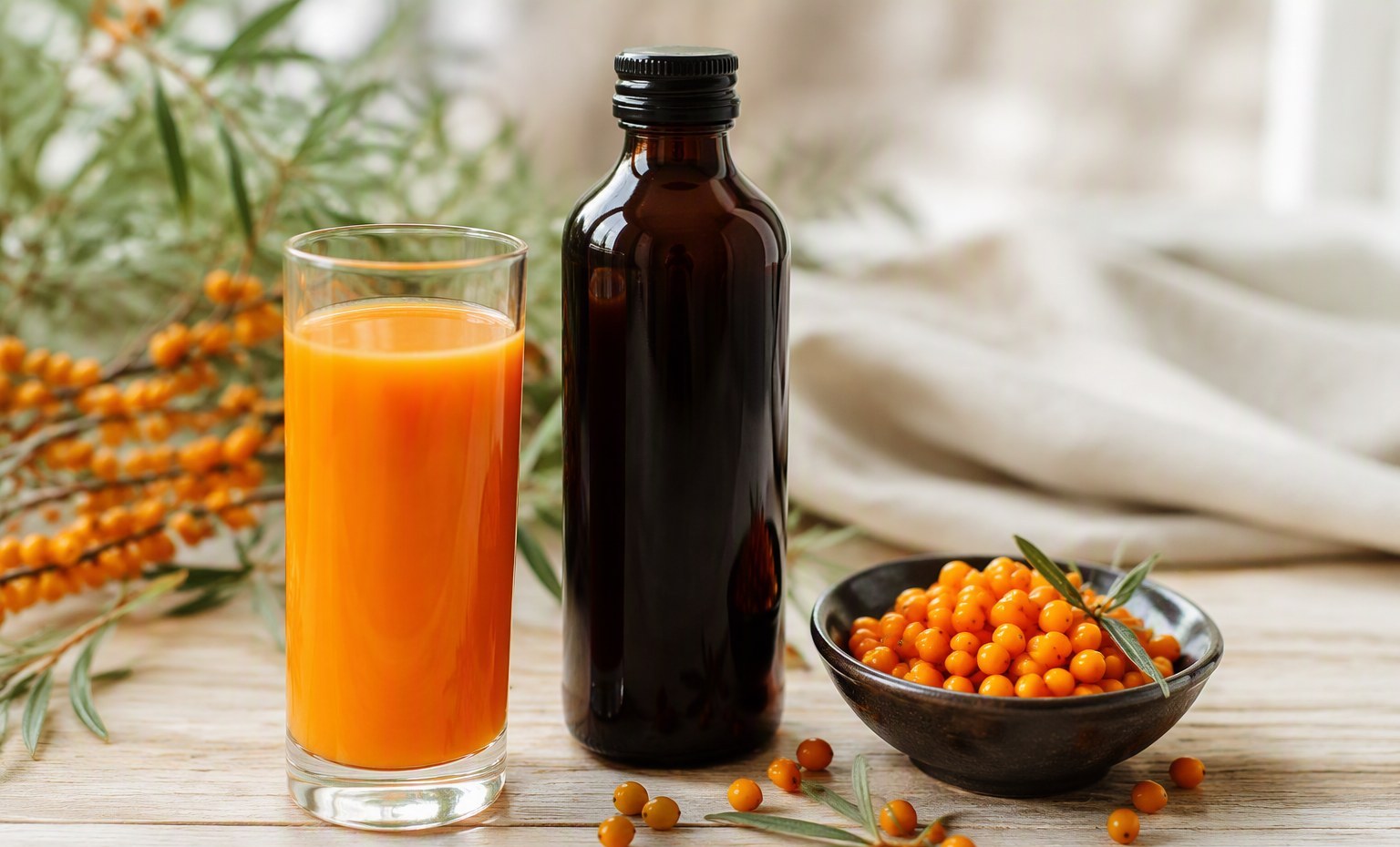 A tall glass of orange sea buckthorn juice beside a dark bottle and a bowl of fresh berries